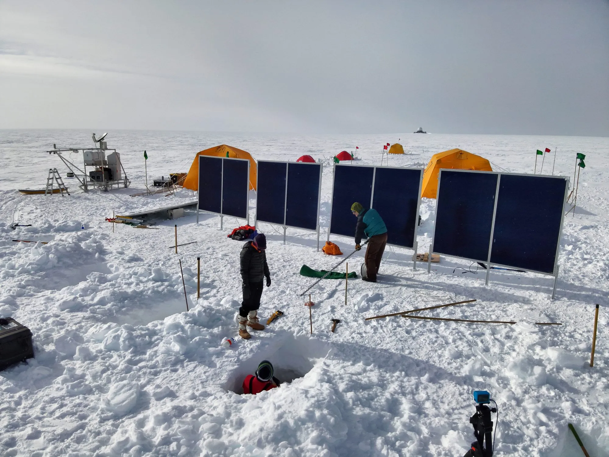 A view of the camp setup after digging in many anchors for the solar panels