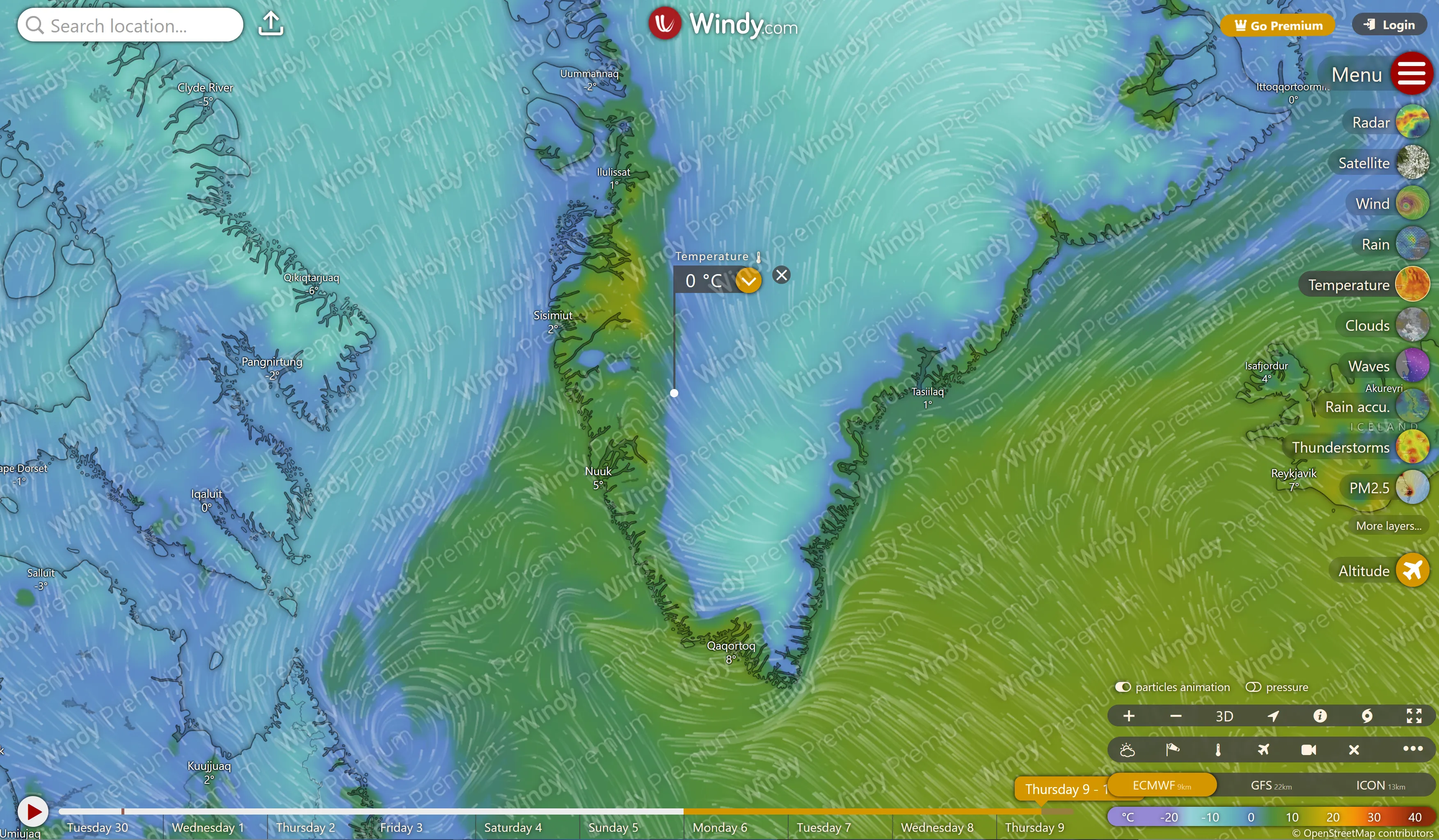 Wind vectors, temperature contours, and pressure patterns for the 10th day of the most recent forecast